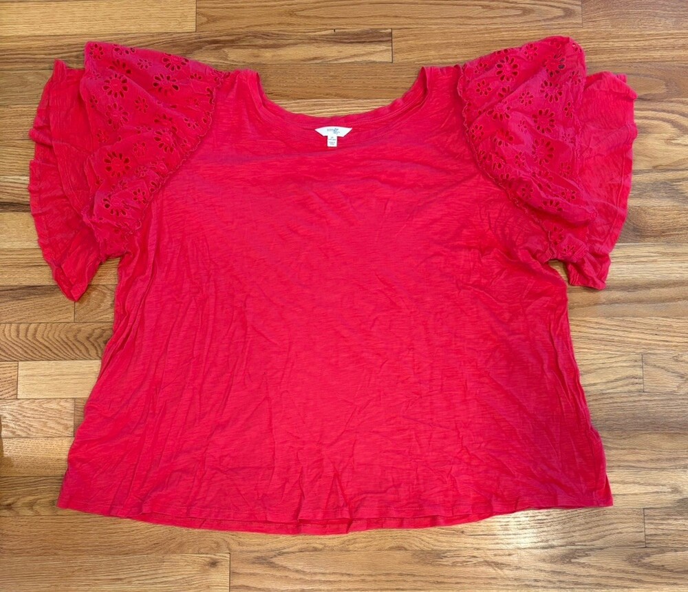 Terra & Sky Shirt Womens 3X Red Eyelet Flutter Sleeve Embroidered Plus Top